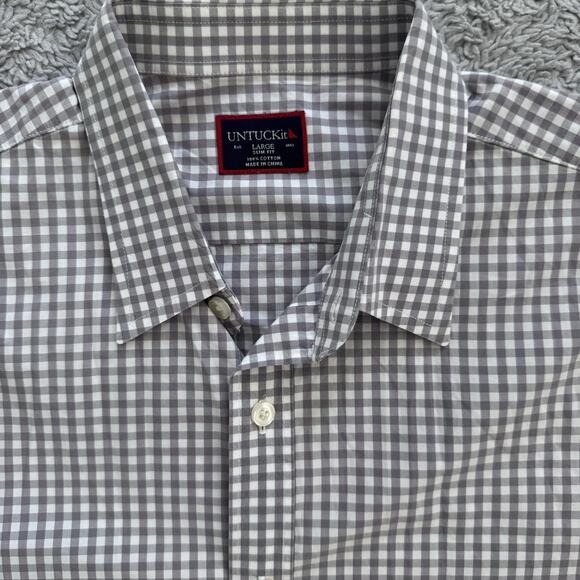 unTUCKit Grey Gingham Slim Fit Mens Button Down Shirt Sz L Preppy Office - Picture 3 of 4